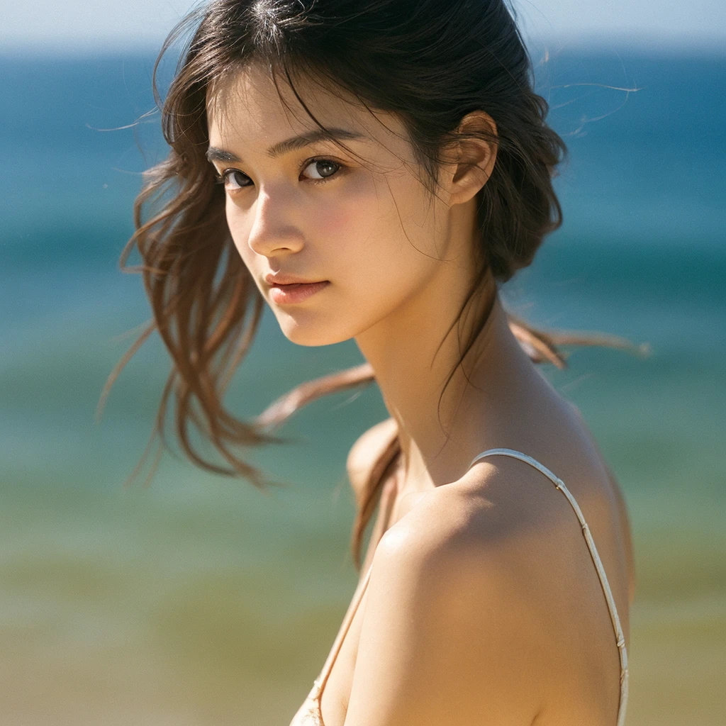 A hyper-realistic image of a single Japanese woman in her early 20s, captured with the nostalgic warmth and subtle graininess of a film camera, showing her from the shoulders up as she stands on a sunlit beach. Her skin has a warm beige tone with a natural, slightly rough texture that includes visible pores, fine lines, and subtle imperfections such as small blemishes and slight unevenness, enhancing the authenticity of her appearance. The texture is intentionally made less smooth, with the natural graininess of the film adding to the overall realism. The soft, diffused natural light gently illuminates her face and shoulders, creating a timeless, organic feel with subtle shadows that enhance the film-like quality. Her straight, glossy black hair flows naturally in the ocean breeze, framing her face, and her deep brown eyes reflect the soft sunlight and the shimmering sea. The film camera effect introduces a slight grain and a softer focus, giving the image a warm, nostalgic atmosphere while maintaining the deliberately rougher texture of her skin. The composition, focused on her upper body, captures the serene elegance of the beach setting, highlighting her natural beauty and the gentle interaction of light and shadow on her skin. The combination of realistic, slightly rough skin texture, soft natural light, and the film-like qualities ensures that this image presents a lifelike, captivating portrayal of the woman, centered on her face and shoulders.
