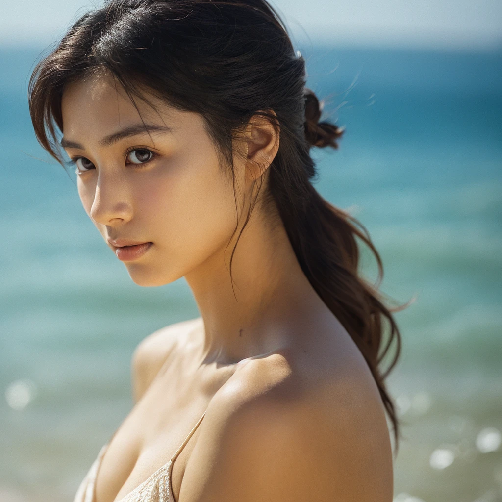 A hyper-realistic image of a single Japanese woman in her early 20s, captured with the nostalgic warmth and subtle graininess of a film camera, showing her from the shoulders up as she stands on a sunlit beach. Her skin has a warm beige tone with a natural, slightly rough texture that includes visible pores, fine lines, and subtle imperfections such as small blemishes and slight unevenness, enhancing the authenticity of her appearance. The texture is intentionally made less smooth, with the natural graininess of the film adding to the overall realism. The soft, diffused natural light gently illuminates her face and shoulders, creating a timeless, organic feel with subtle shadows that enhance the film-like quality. Her straight, glossy black hair flows naturally in the ocean breeze, framing her face, and her deep brown eyes reflect the soft sunlight and the shimmering sea. The film camera effect introduces a slight grain and a softer focus, giving the image a warm, nostalgic atmosphere while maintaining the deliberately rougher texture of her skin. The composition, focused on her upper body, captures the serene elegance of the beach setting, highlighting her natural beauty and the gentle interaction of light and shadow on her skin. The combination of realistic, slightly rough skin texture, soft natural light, and the film-like qualities ensures that this image presents a lifelike, captivating portrayal of the woman, centered on her face and shoulders.