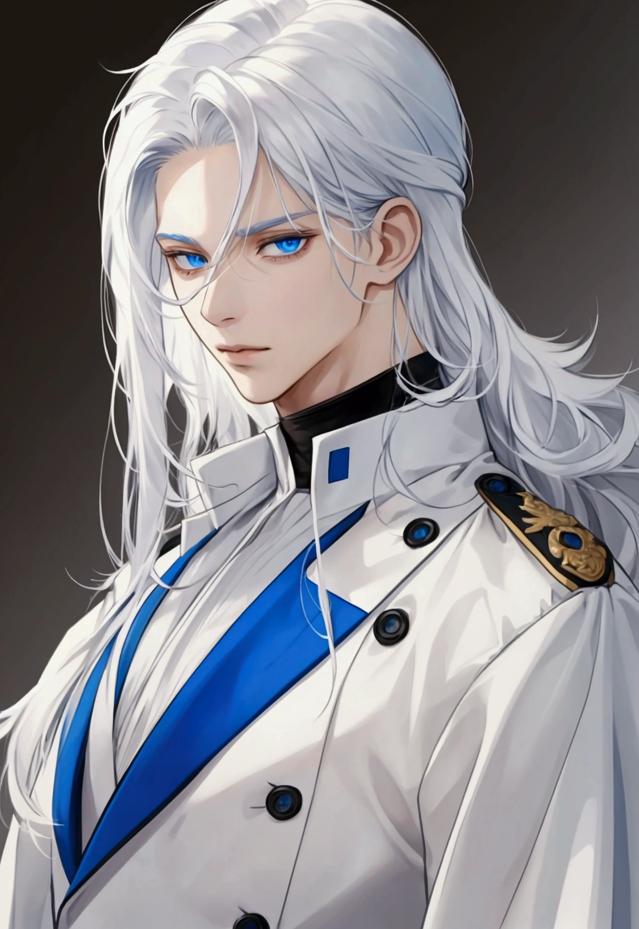 "A young male character with long white hair reaching to his neck or ears, styled slightly wavy. His eyes are a striking blue (or white, if you prefer), giving him a mysterious and intense look. He wears a simple yet stylish outfit that complements his youthful appearance. The background is a subtle gradient, keeping the focus on the character's features. The lighting should be soft, highlighting the texture of his hair and the color of his eyes."