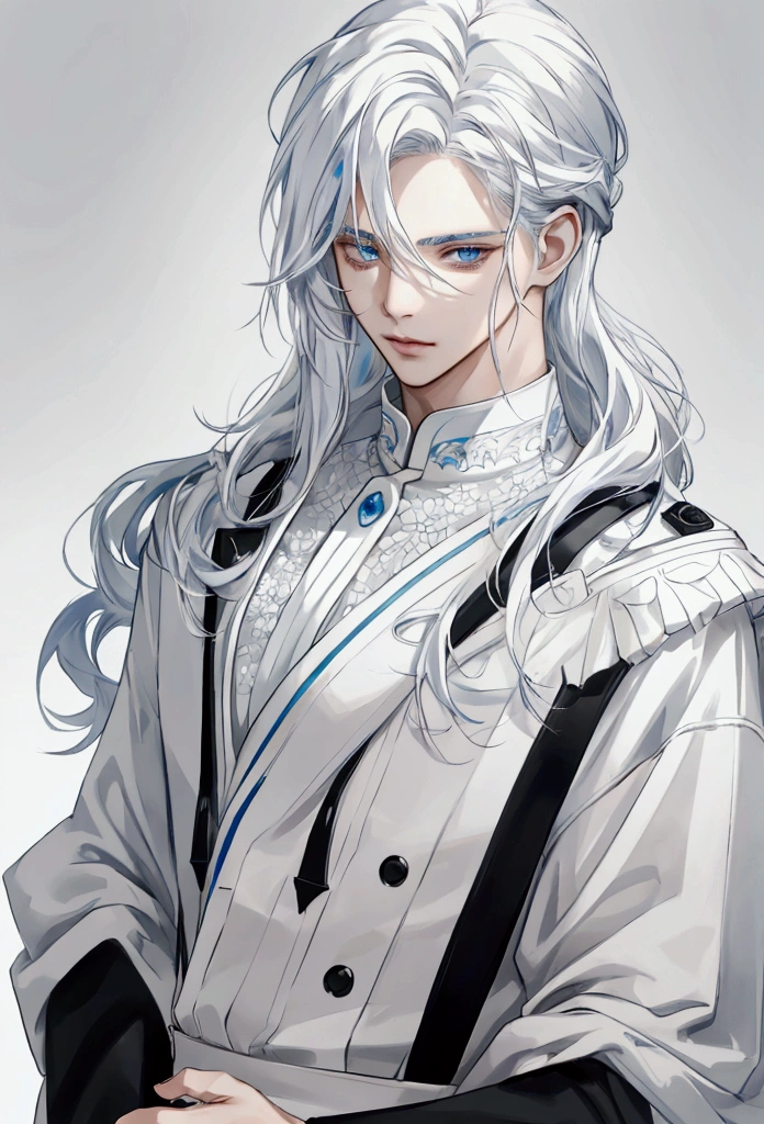 "A young male character with long white hair reaching to his neck or ears, styled slightly wavy. His eyes are a striking blue (or white, if you prefer), giving him a mysterious and intense look. He wears a simple yet stylish outfit that complements his youthful appearance. The background is a subtle gradient, keeping the focus on the character's features. The lighting should be soft, highlighting the texture of his hair and the color of his eyes."