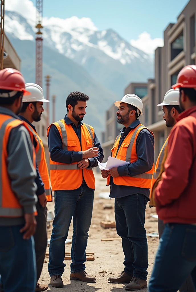 Make a picture of a trainee and an engineer from the municipality of Santiago de Chuco training the work staff