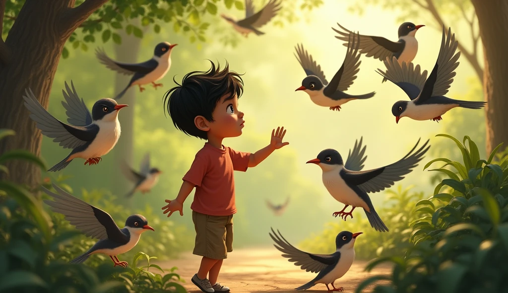Babu's Farewell: Bablu saying goodbye to the birds, with the birds bidding him farewell.