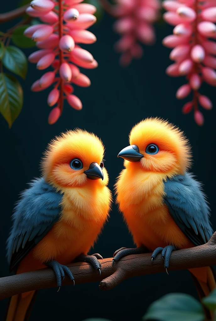 A captivating and surreal photographgraph of a cute extra fluffy two Toco Toucan rendering of 藤の花, Dark Background. feather, Bright colors, The background provides sharp contrast、Engage your audience'Note., photograph, 3D Rendering, Conceptual Art