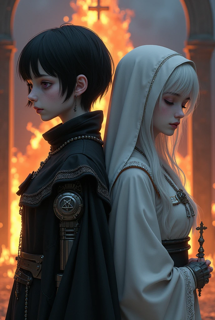 Two pale girls from the middle ages, back to back left with violet violet eyes, black short hair, black alchemist robes with technology, cut on the face, steampunk arm prosthesis with pentagram, exalting suffering, right with white nun clothes with details, long white hair, eyes closed in sadness with a rosary, church and flames at night realistic.