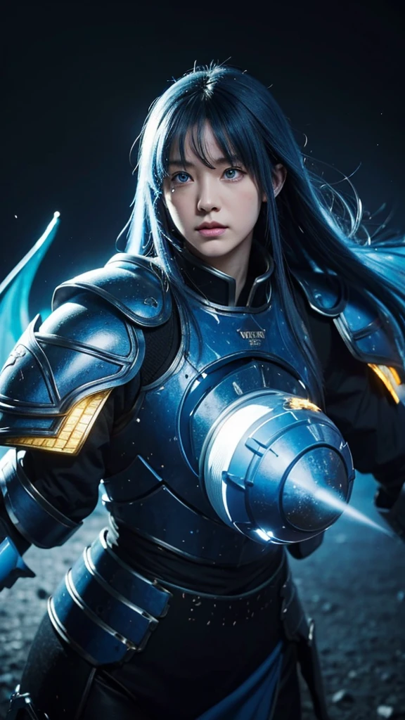 Blue armor with white and yellow lines、Beautiful long blue hair、Blue Eyes、Hellish、Blue flames are spreading across the ground、Black cold rock、Big dragon in the distance high resolution, masterpiece, accurate, Anatomically correct, Winner of numerous awards, 最高quality, detail, Damaged, detail, High-resolution model, 高いdetail, 高quality, quality, Retina, Very detailed, Ultra high definition,