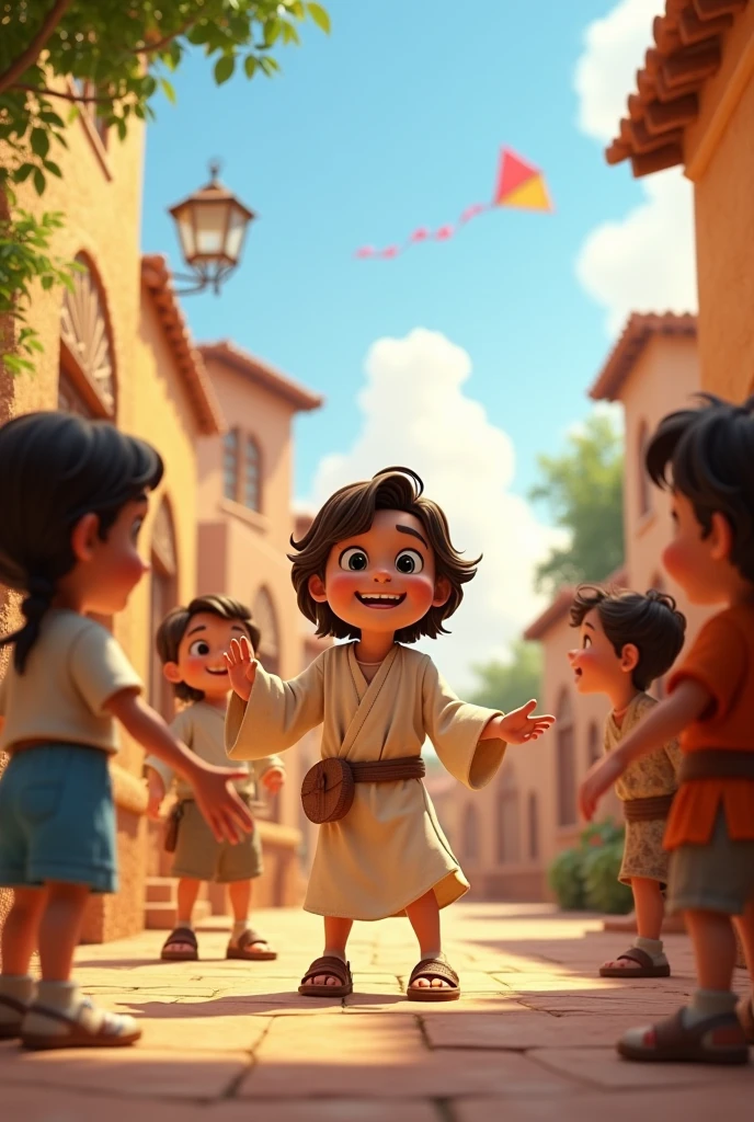A 3D movie poster in Disney-Pixar style of Jesus as a boy playing with his friends