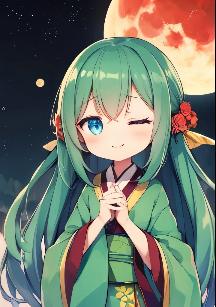 One girl, blue eyes, dark dark dark green hair, voluminous dark green hair, long dark green straight hair, wearing purple kimono, plain kimono, jet black night sky in background, big red full moon in sky, both eyes closed, eyes closed, standing pose Big red moon, moonlight, focus on face Focus on face, fresh Big red moon, moonlight, focus on face, fresh smile, big drooping blue eyes