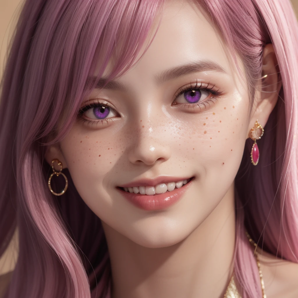1 girl, Japanese, 4k, realistic, soft skin, texturized skin, long whavy pink hair with bangs, shining purple eyes, red eyeliners, shining pink lips, freckles, round gold earings, smile, closed mouth, soft lighting, portrait, face focus, close up, bright colors, looking directly to the viewer.