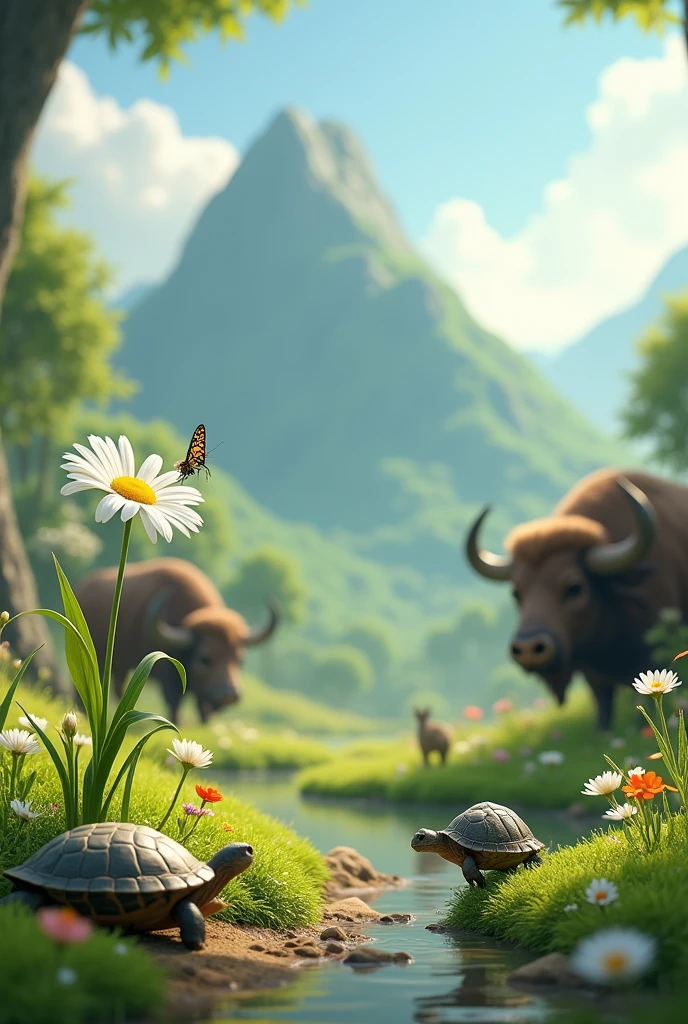 A daisy flower, with a cicada, next to a turtle, a buffalo and a wild boar. In the background a green mountain with small flowers and lots of grass