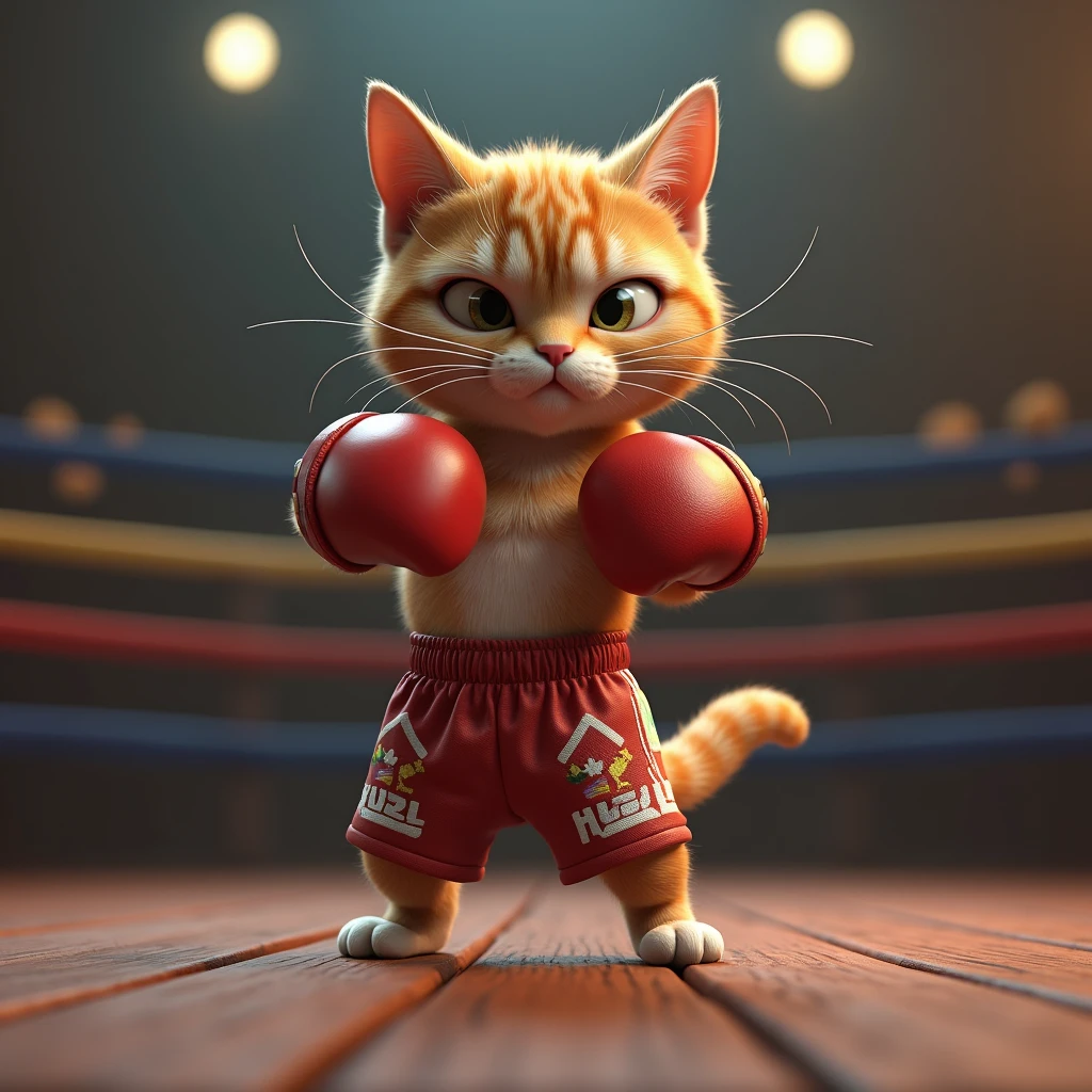 Wearing boxer shorts with the ring in the background、Realistic image of a 3D cat boxing