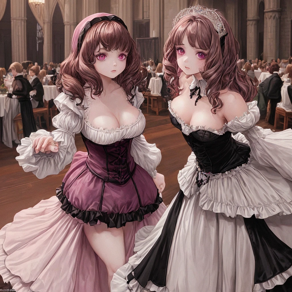 Girl, short, voluptuous, clear skin, magenta eyes that are almond-shaped, short, wavy light brown hair, black and white medieval dress, in the ballroom of a castle