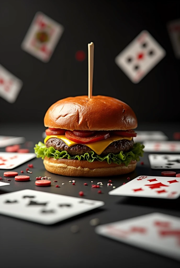 Create an image with a burger and blackjack cards 