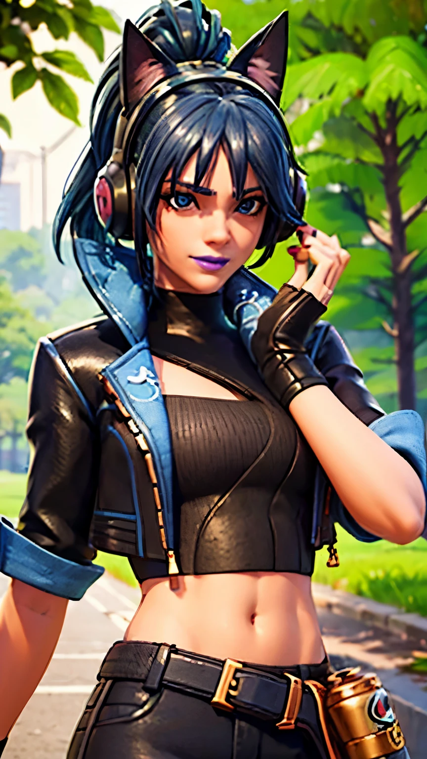 Forest background, 1girl, solo, HeroicHopeFN, Heroic Hope from fortnite, (crop top, black top, open clothes), (jacket crop top, black jacket, blue loose, jacket loose), fingerless gloves, black pants, blue belt, blue hair, ponytail, blue eyes, headphones, cat ears headphones, holster, holster spray cans, purple lips, lipsticks, smirk