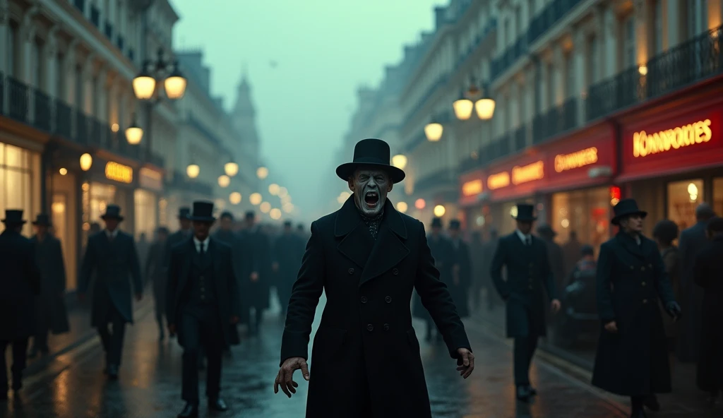 (((London 1889))); shallow depth of field, highly detailed, high budget Hollywood film, bokeh, cinemascope, epic, gorgeous, film grain; "(Best Quality,High resolution); (bright and intense colors:1.1),(realist:1.1) graphic art style,Frightening