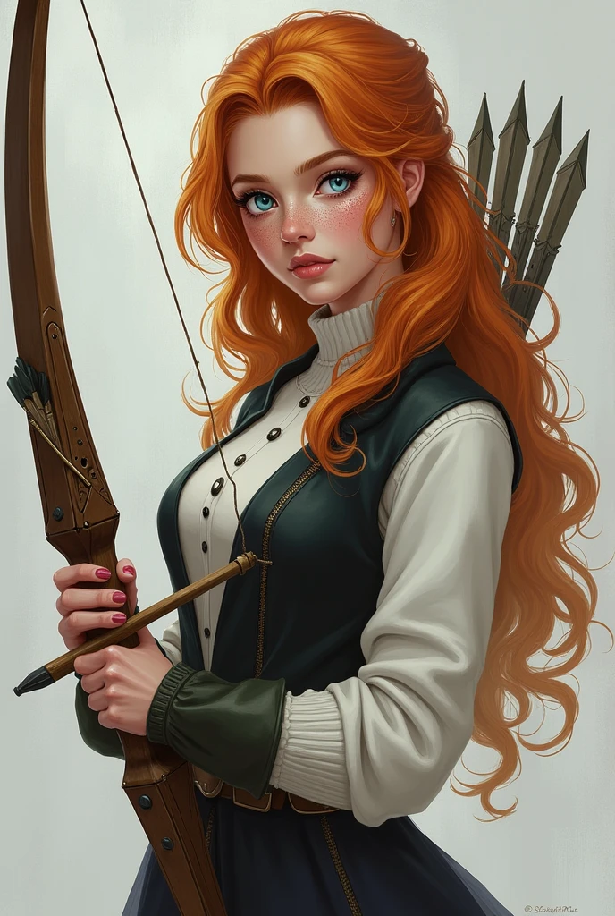 create an image with fanart graphics. A woman with light ginger hair(almost blonde, but no blonde), blue left eye and white right eye, freckles on her face, wearing a white sweater and a black vest, and holding a bow and arrow.
