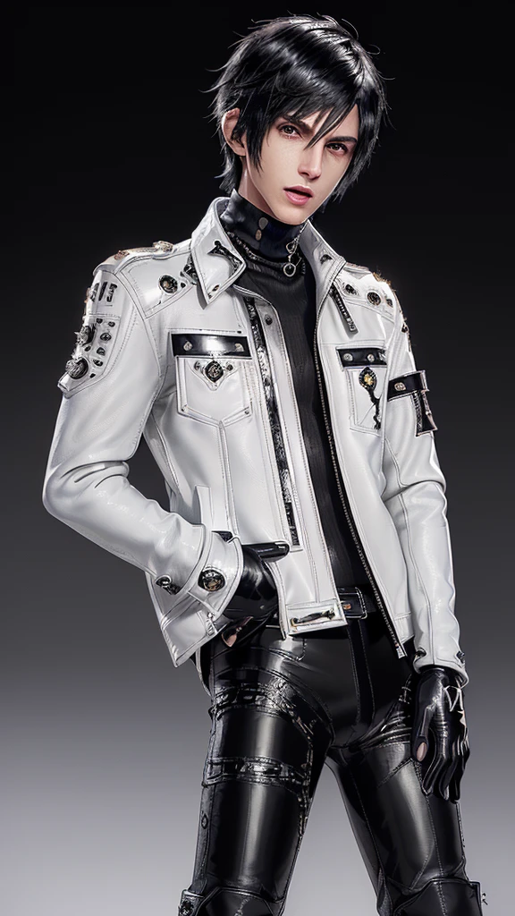 ((Final fantasy taste and reality graphics)), ((Japanese young cute and cool ikemen  boy)), his age is early 20s, thin eyebrows and beady eyes,  ((((he wearing white color and  shining brightly enamel leather thick single-brest  jacket)))), ((with epaulet)), ((enamel leather jacket close all zippers)),, ,(( jacket collar is high length stand-up collar with belts)), jacket is a little black line pattern,close the front of the jacket, (((also wearing black color turtleneck shining brightly enamel leather shirts))),  (((tight black and shining brightly enamel leather pants))), ((((shining brightly black enamel leather tight and thin glove)))), ((black color and shining brightly leather knee-high raceup boots)),head-to-toe, whole body, boy looks like fashion model,Do not show skin from the neck down,(((all his clothes are smooth design and very shining)))