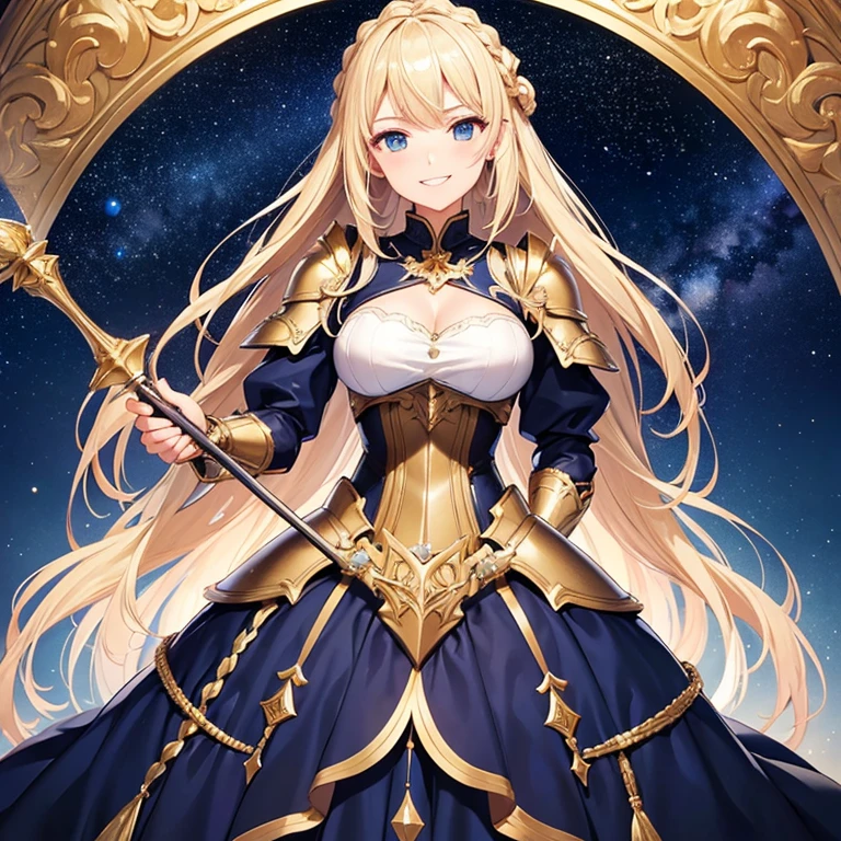 high quality,(An adult woman standing alone), armored dress,Shiny and beautifully decorated armor,Holding a beautifully decorated staff in his hand,Long skirt,Shining blonde, mature female,milf, detailed face,Anatomically correct, Starry sky background,Droopy eyes, Grin, French style braid