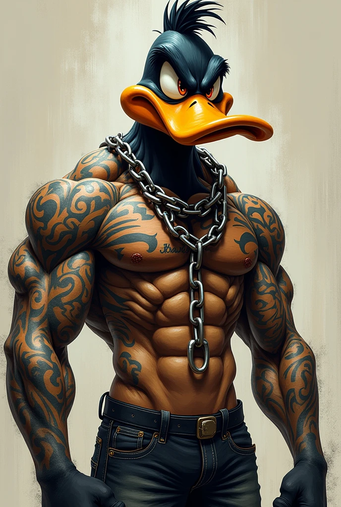 Muscular and tattooed Daffy Duck with chains around his neck