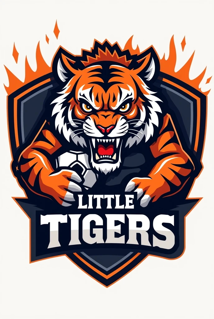 Com base no big tiger. Create a handball team shield, with the name "little tigers", where the tiger will represent the little tiger. The animal must have a handball in its hand, no people in the photo Tiger has to be angry MAKE IT MORE COMPETITIVE BUT I KNOW YOU CAN DO IT YOU FORGET TO PUT THE NAME 

