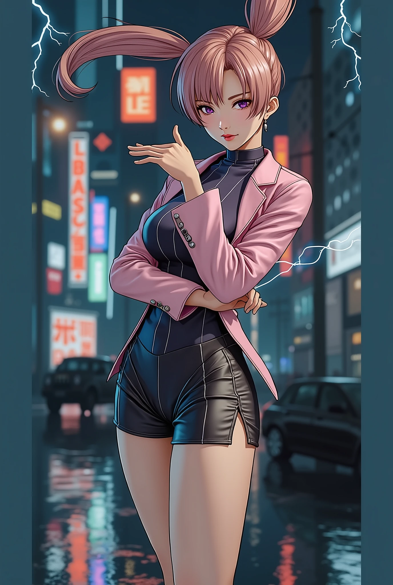 (at night), alone, in a video game scene a background of a beautiful city during the day raining, Standing at attention, purple hair, Lightning behind her, A lightning bolt coming out of his hand ((purple hair)), 1 girl, alone, 20 years, young woman, perfect hands, beautiful and perfect fingers, long beautiful legs, perfect legs, beautiful body, beautiful nose, beautiful character design, perfect face, He looks at the spectator with a serious expression and in a standing position he attacks. (focusing on his face), Closed mouth, light_smile, official art, Extremely detailed CG unity 8k wallpaper, perfect lighting, iluminación frontal brillante y Colorida, shiny skin (masterpiece: 1.0), (better_quality: 1.0), ultra high resolution, 4k, ultra detailed photography, 8k, HdR, High resolution, Disparates: 1.2, Kodak photo 400, film grain, blurred background, bokeh: 1.2, Lens flare, (Vibrant_Color:1.2), Professional photography, (beautiful_face : 1.5), (narrow waist),