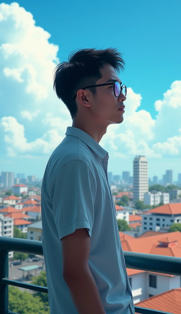 Young Indonesian man, short hair in old Mandarin style, wearing glasses, wearing modern casual shirt, standing on apartment balcony with view of rooftops and buildings, bright blue clouds in the sky