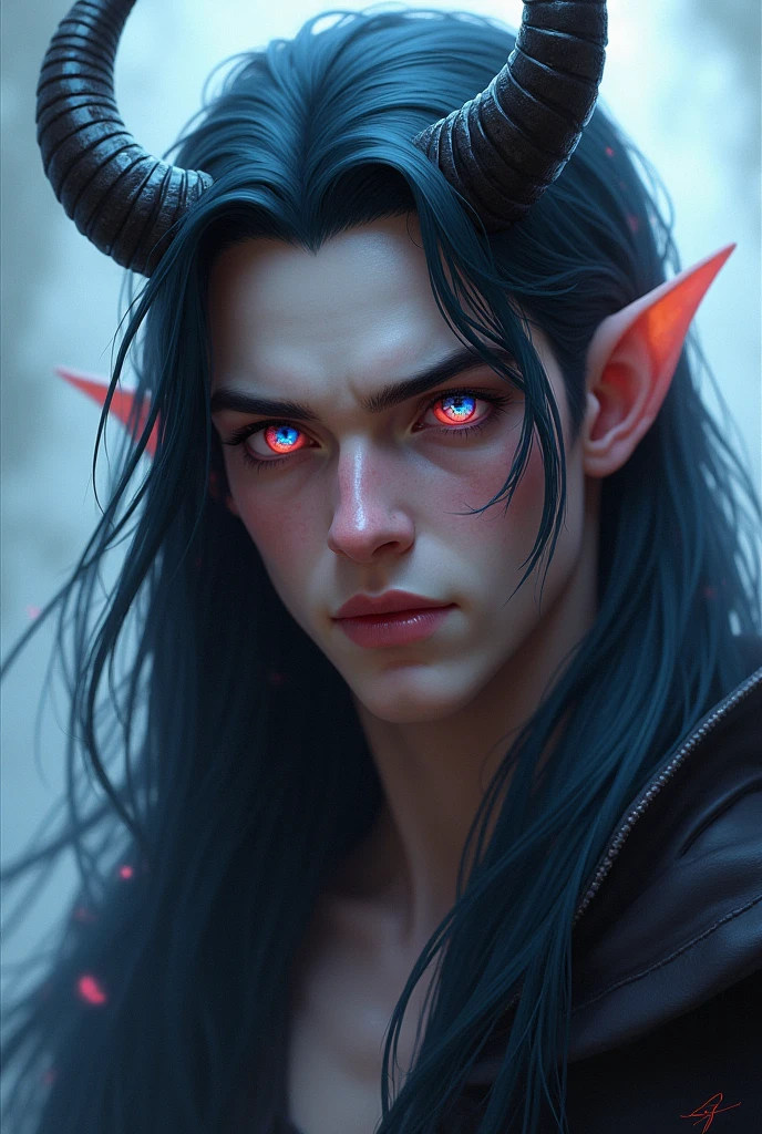 Tiefling jovem, homen, adult with one horn, long hair with etherochromia