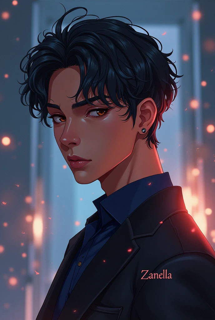 Create an image for me to put on the Twitch call with the name Zanella and a darker-skinned male anime character 