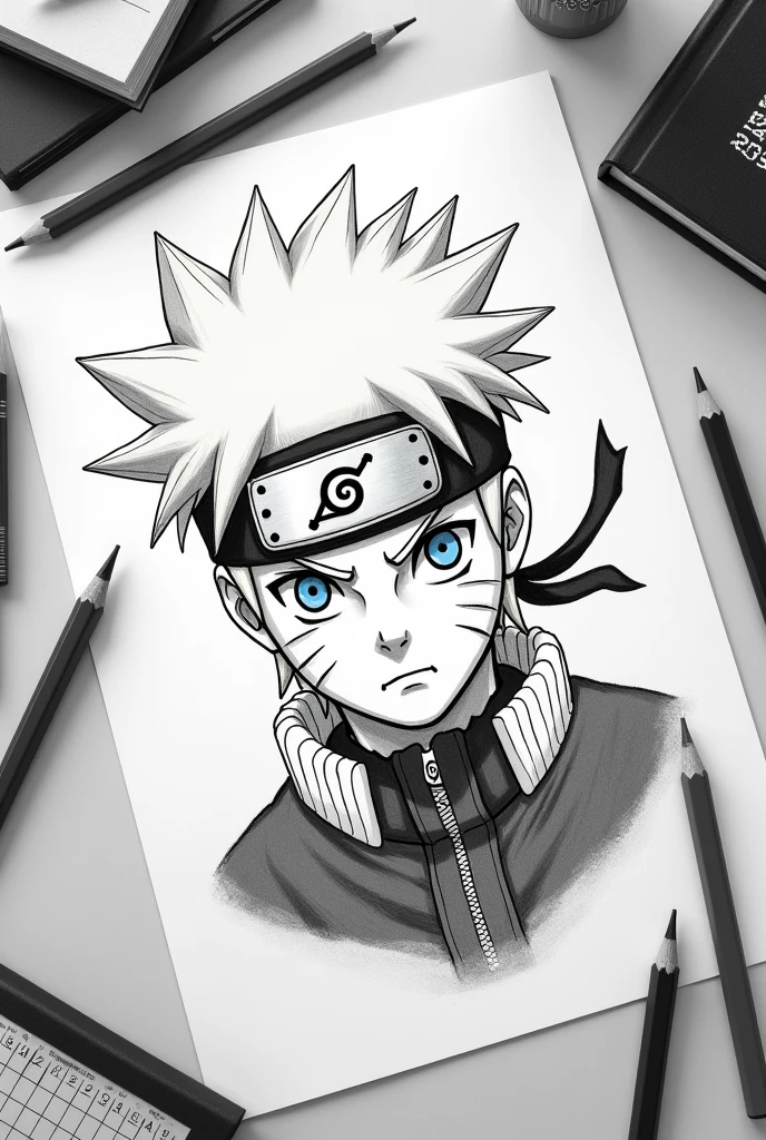 Basic Pencil drawing of Naruto anime theme being shown in a study table