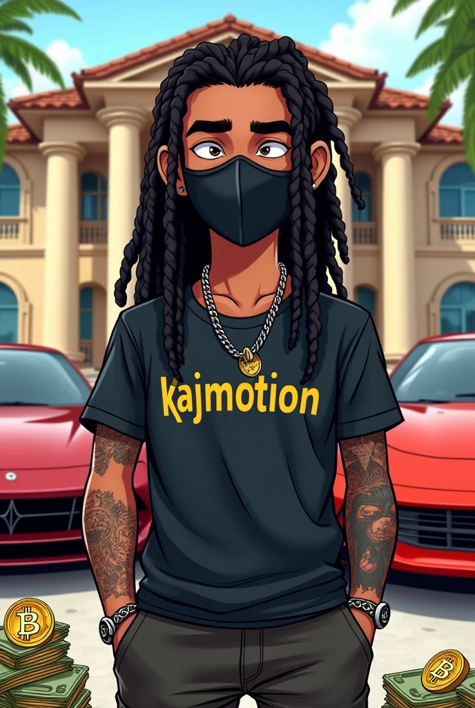 teen cartoon character with a black bane mask with dreads and a shirt that’s says KaiMotion on it with tattoos money and bitcoin around him with a big house and and luxury cars in the back back