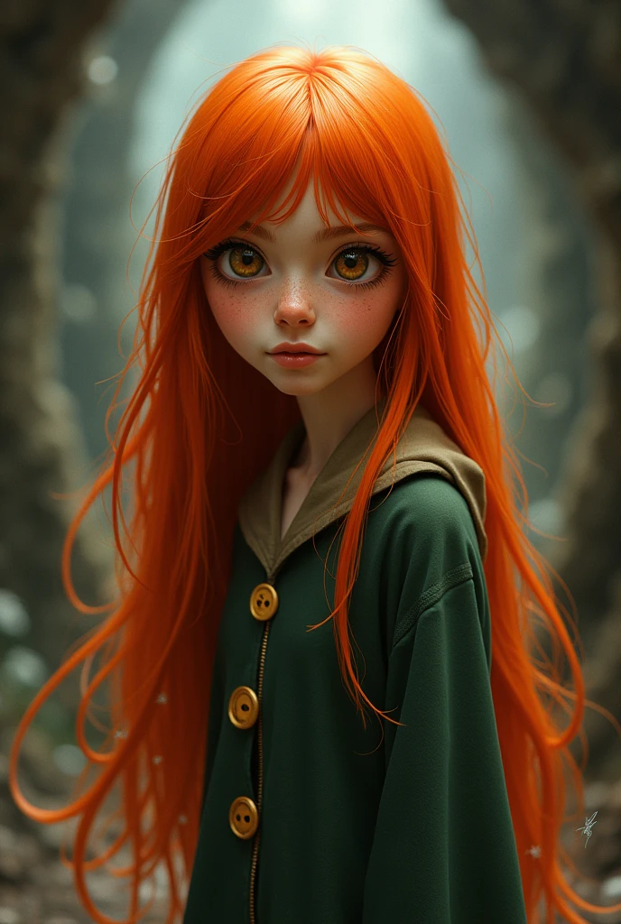 I want to create one in the Universe of Coraline and the Secret World, dressed as Coraline, long orange red hair with bangs and brown eyes and 1 button eye
