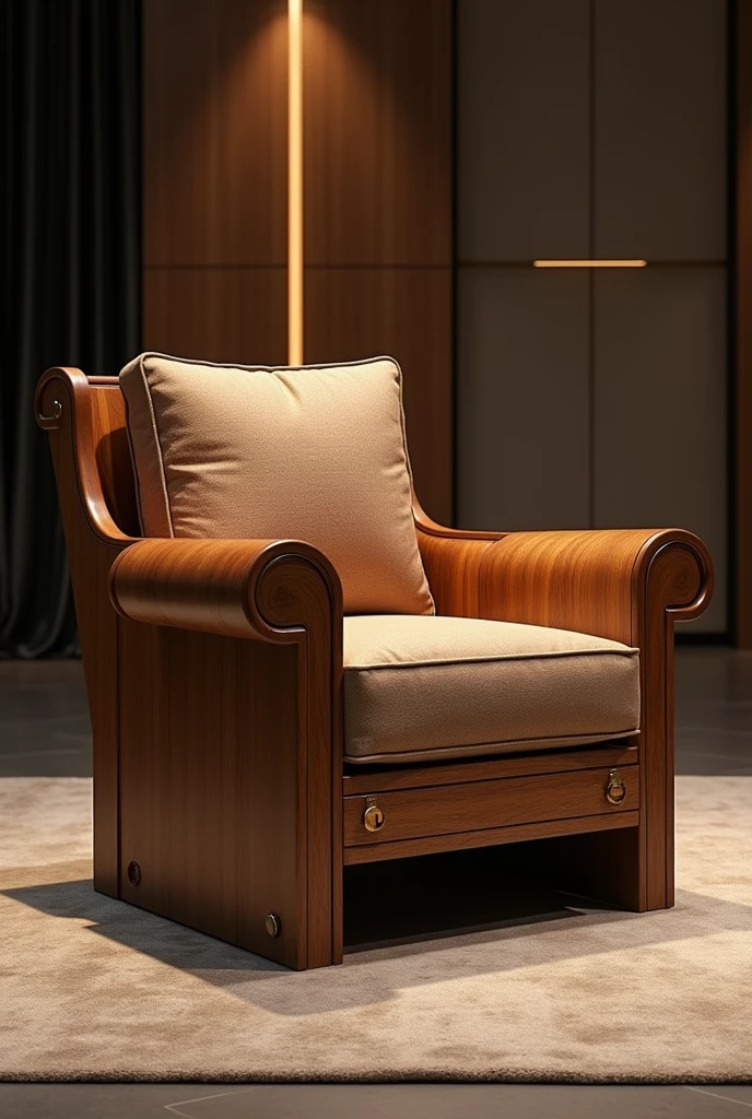 "Create an image of a luxury wooden armchair with a robust and imposing design, ideal for high-end stores. The armchair must have a solid and well-defined structure, with strong lines and shapes that convey durability and presence. The seat and backrest should be wide and welcoming., with high-quality fabric or leather upholstery that complements the robust design. Use premium finish wood, like dark oak, walnut or rosewood, with elegant details such as refined arms and legs. The image should reflect a sense of sophistication and luxurious comfort., combining a striking presence with a touch of class."