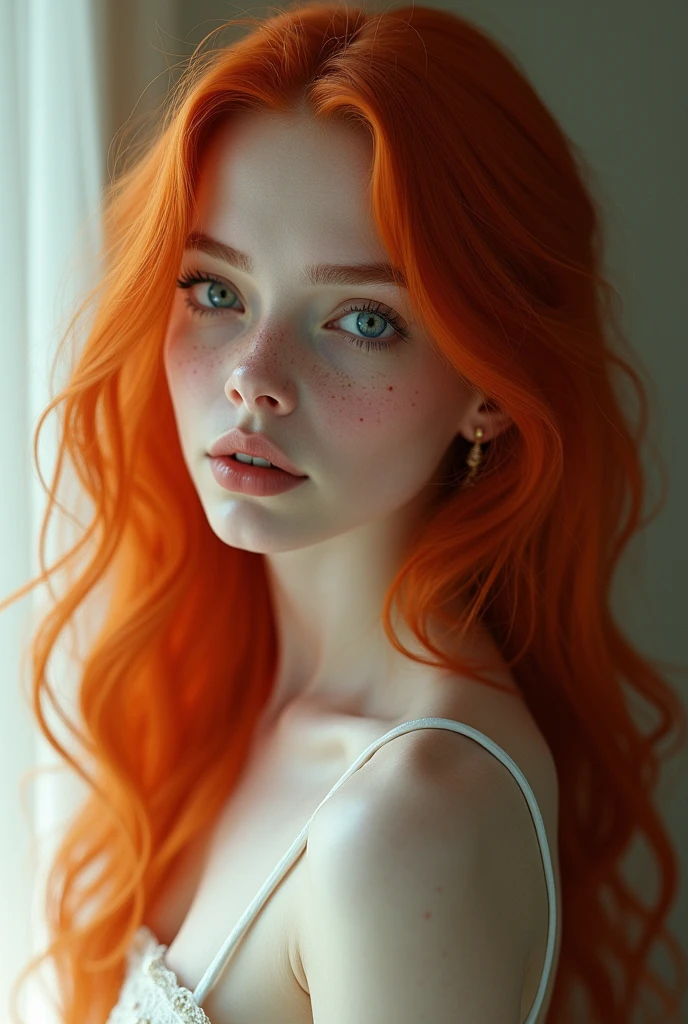 (Photorealism:1.2), Create a human with long, wavy red hair, feline eyes, small-nose, body skinny, Small face, fleshy heart-shaped mouth, 167cm tall, light freckles and white skin.