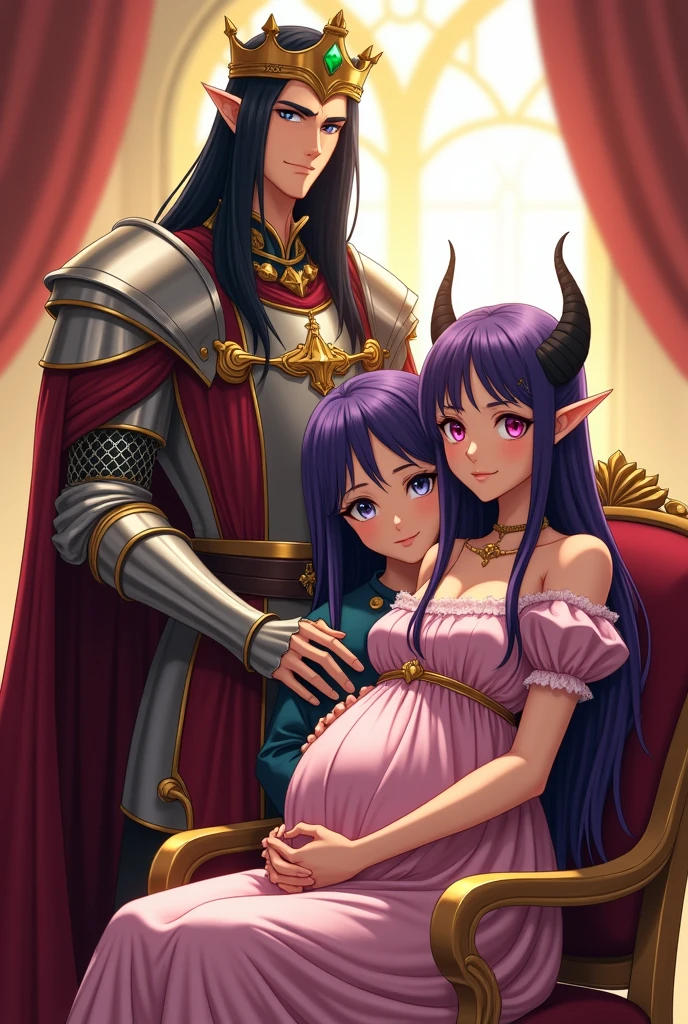 Male HUMAN, long straight black hair, wearing armor full of jewels shaped like dragon eyes (emeralds) and a crown with emeralds, RAF blue eyes, with a serious look, looking at the camera, standing next to his wife ,holding a one year old male HUMAN baby with human ears, purple hair, RAF blue eyes, prince dress, hugging his father, Pregnant woman with purple hair and with black horns, elf ears, fuchsia pink eyes (clothes queen with medieval style and shiny crown), elegant pose, looking at camera, sitting on elegant chair, detailed, daytime, sun rays, ultra detailed photography, 4k quality lighting, high resolution, masterpiece, style anime.