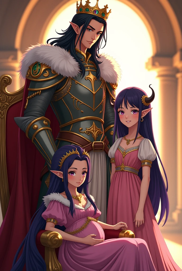 Royal portrait, Male character with long straight black hair, with RAF blue eyes, wearing armor and crown with inlaid emeralds, with a serious look, firm pose, while putting a hand on the shoulder of his son the human prince, purple hair, RAF blue eyes, next to the prince is his younger sister, an elf dressed as a princess with a pink and white dress, straight black hair and fuchsia pink eyes, hugging her father, next to them her mother sitting on an elegant chair, pregnant woman with pointed ears, purple hair, black horns, fuchsia pink eyes, elegant pose, dressed elegantly as a queen, wearing her crown, looking at the camera, detailed, daytime, rays sun, ultra detailed photography, 4k quality lighting, high resolution, masterpiece, anime style