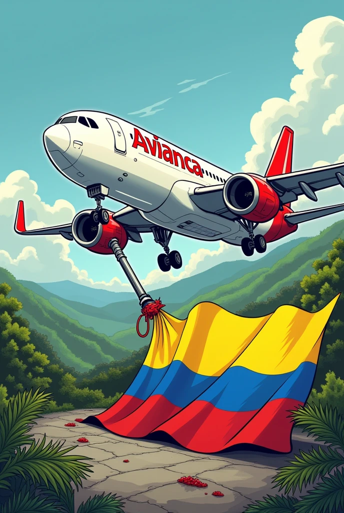 Cartoon of a white and red AVIANCA plane pouring gasoline on a Colombian flag selling itself