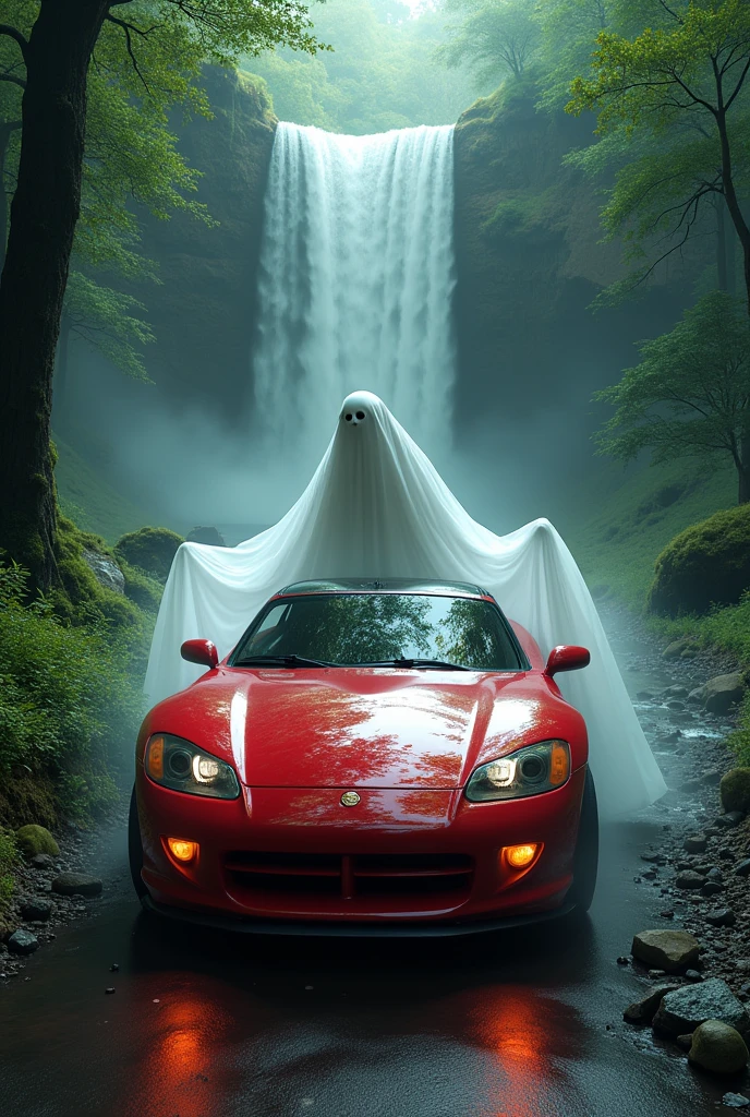 A red car drive a gost to forest at water fall
