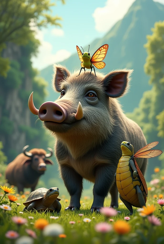 A wild boar with a daisy flower, with a cicada, next to a turtle, a buffalo. In the background a green mountain with small flowers and lots of grass