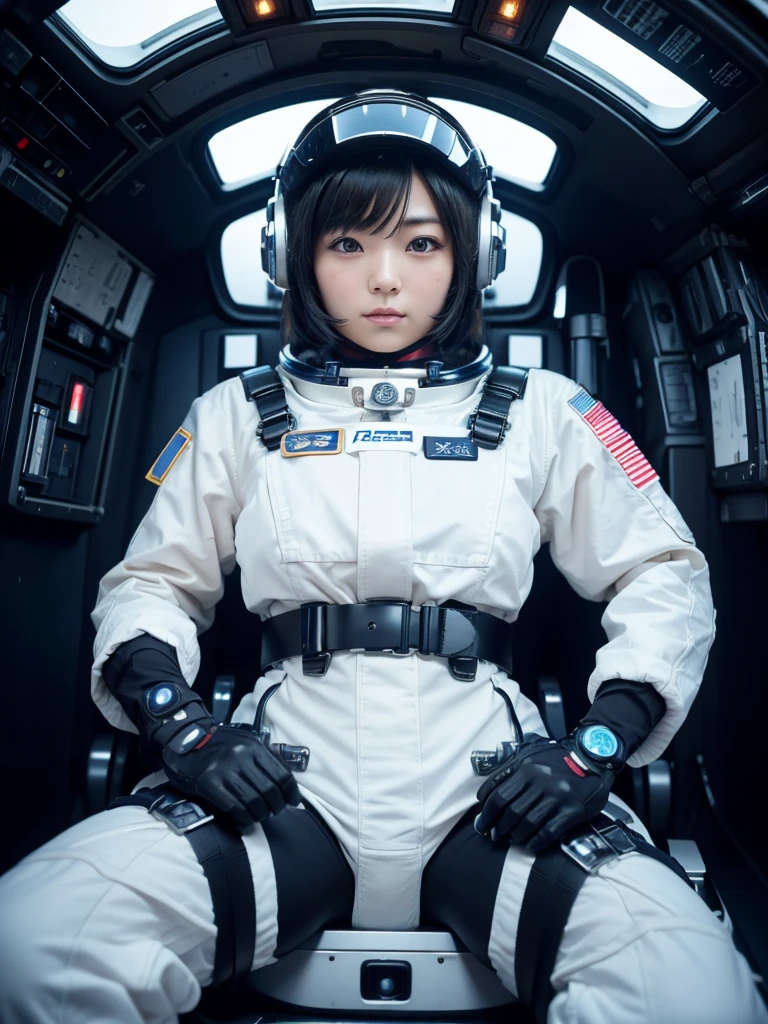 masterpiece, Highest quality, Very detailed, Japanese Android girl, Beautiful 2 Japanese woman, Plump,Thick,Control panel,Android,cyborg,Blunt bangs,Sitting in the cockpit of a spaceship and piloting it,The control stick is in the center of the seat.,astronaut,Thick harness belt,Full-face helmet,