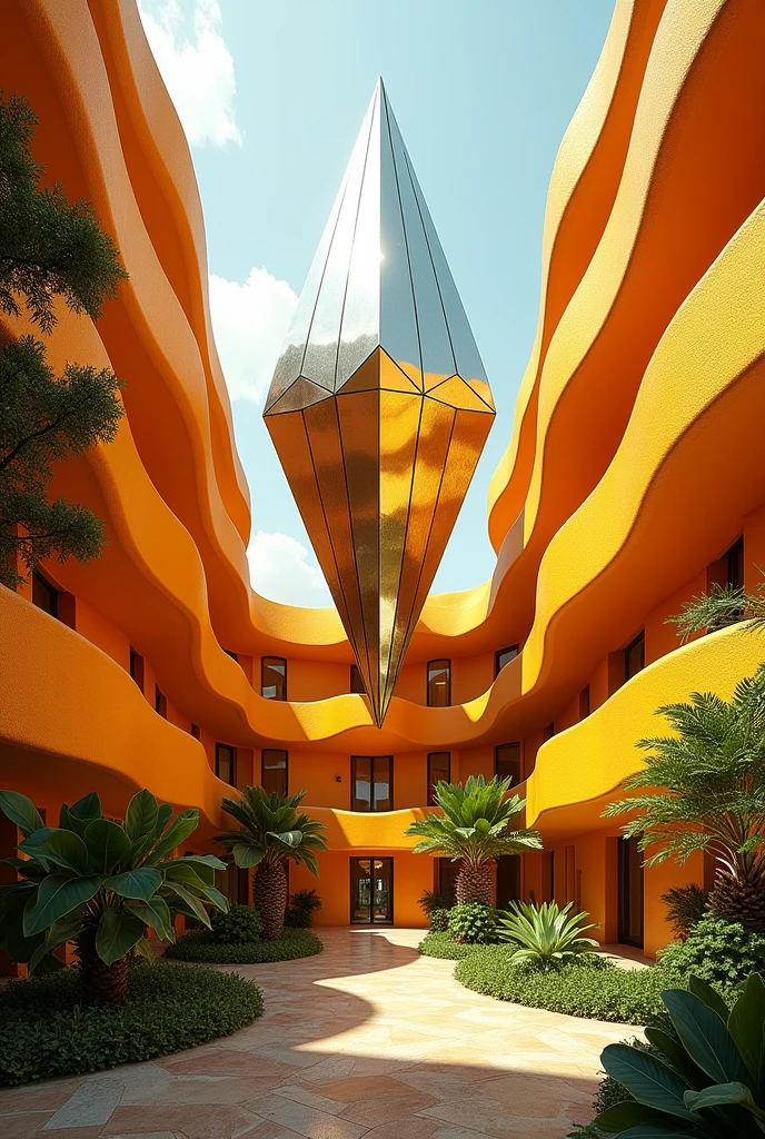 Give me an architectural concept of a diamond coming out of an orange 
