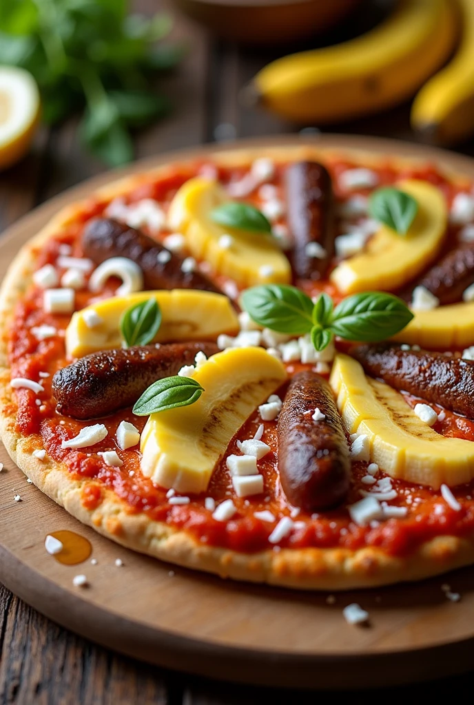 pizza "Meat and Coconut"base: Tomato sauce from Santa Elena.queso: Mix of coastal cheese and Antioquian peasant cheese.Toppings: Sausages from Soledad, tender corn from the Caribbean region, and slices of ripe banana.Finalization: Grated coconut and a touch of honey from San Vicente bees.
