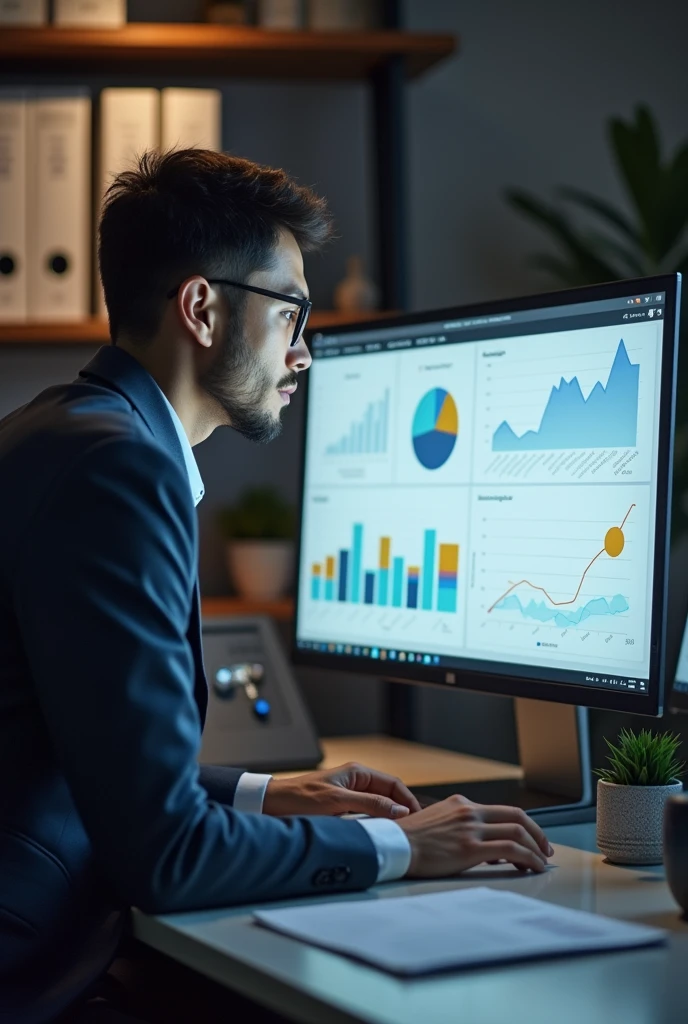 a small business owner looking at graphs on a computer aspect ratio 16:9
