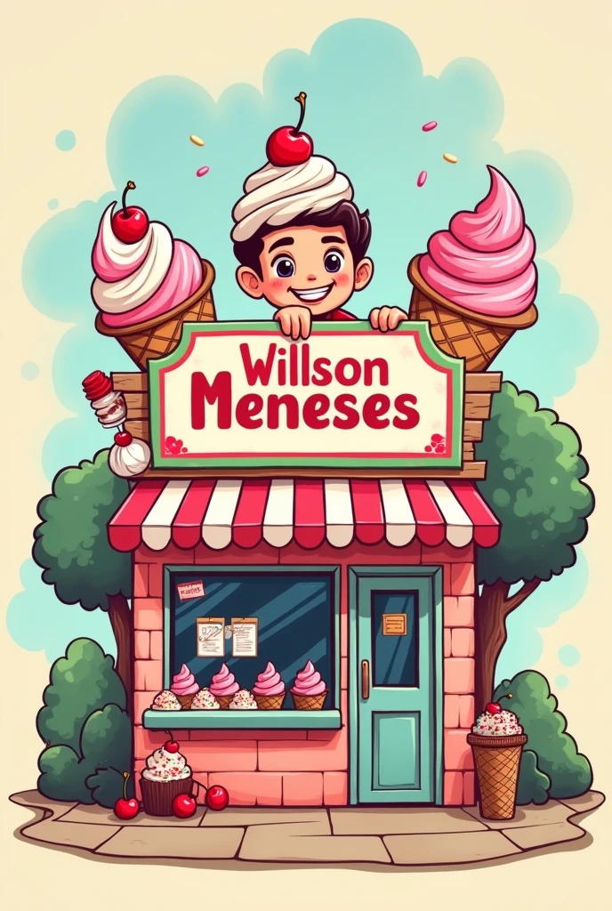 create image for ice cream shop with the name wilson meneses, make it as if it were made in illustrator