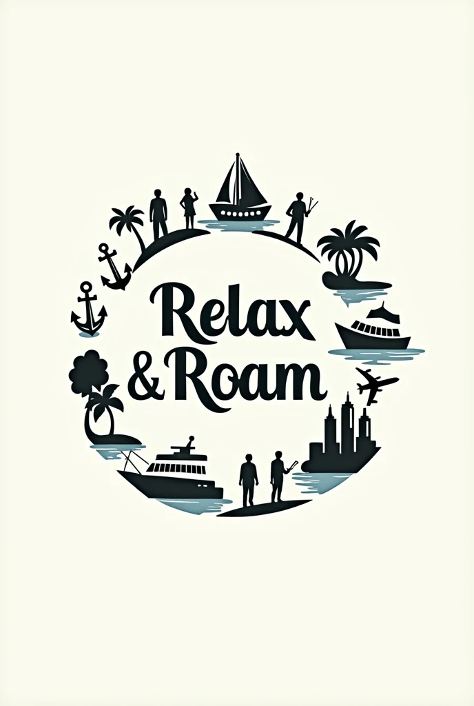 Make me the logo of RELAX & ROAM TRAVEL with their combination letters, in a circle with anchor, travelers, cruise, airplane, tour guides, bus, with a exaggerated design but basic and elegant