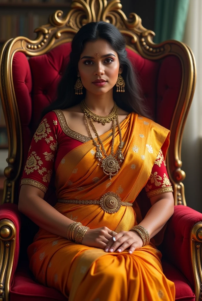 6 ft big breasted average beautiful sri lanakan wealthy age 25 girl in maharani dress. Wearing Academic regalia.well educated.sit in chair massive big boobs, big butt