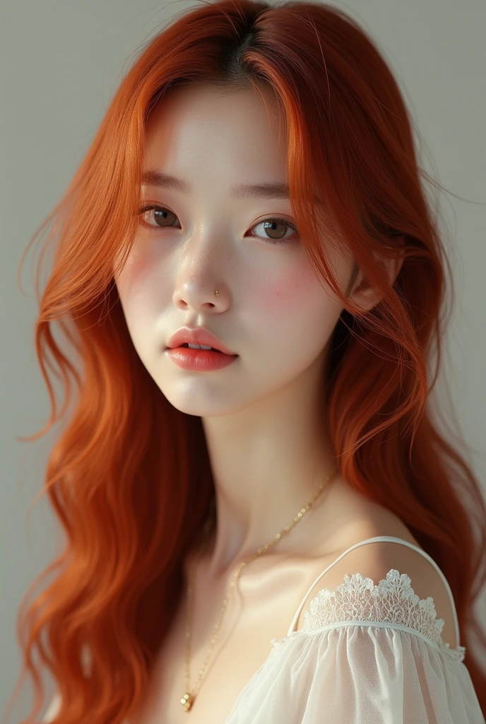 (Photorealism:1.2), Create a human with long, wavy red hair, asian eyes, small-nose, body skinny, Small face, fleshy heart-shaped mouth, 167cm tall, light freckles and white skin.