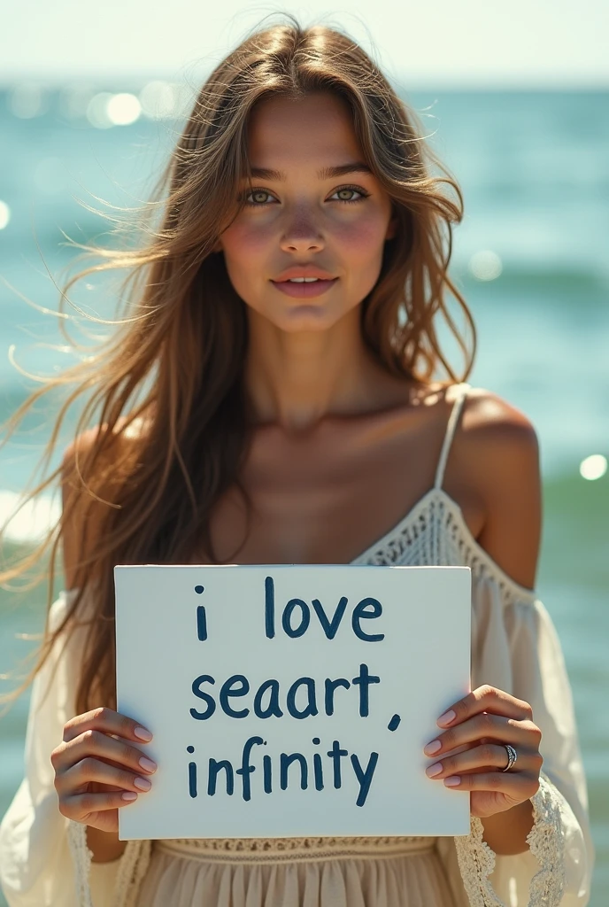 Beautiful girl with wavy long hair, bohemian dress, holding a white board with text "I Love Seaart Infinity" and showing it to the viewer
