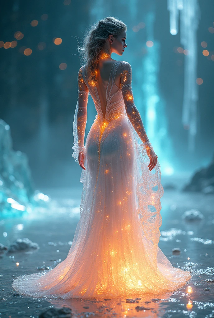 full body shot, wide angle shot, evening dress made of ice and fire, extremely detailed, Ice and fire together, Fantasy Art, realist, Beautiful model presenting a dress made of ice and fire, (Best Quality, 4k, 8k, High resolution, masterpiece: 1.2), ultra detailed, (realist, fotorrealist, fotorrealist: 1.37), hiperrealist, extremely detailed, Xylais, an ethereal being with a body made up of shimmering crystalline structures. after the transformation, Brenda will radiate an unreal glow, Your sensual curves will become almost transparent. His touch is electrifying. The Xylais symbol is the symbol of pure energy. Thanks to its innate connection with pure energy, can manipulate different shapes, including sound waves, create music, capable of bringing people into states of insane ecstasy or making them obedient and submissive. But nothing is invincible, according to Xylais. Touching your body without protective equipment damages your crystalline structure, so practical interactions can quickly become dangerous. Xylais player can install a stable copy of Xylais, and she will leave the game. The Xilai are descended from a peaceful race that lives on the planets Xylaitria, composed of vast landscapes of iridescent crystals. They have a unique ability to connect with the energy of their planet., can emit light, create sound and shape the world around them with their thoughts, 3D COMIC. AN INCREDIBLY SEXY FUTURISTIC WOMAN, CUTE AND SHY LAVA COVERED WITH A SUPERGIRL COSTUME AND A SYNTHETIC LIQUID LAVA CAPE. ABSURD DETAILS AND TEXTURES IN 8K. masterpiece. lava skin, LAVA BEAST, LAVA HAIR, (masterpiece, Distinguished Quality, mirror-like, cinematic experience, incredibly detailed, absurd), 8k, Wallpaper, (ray tracing), physics-based representation, Ultrafine paint, Narrow your focus, BREAKS (1 woman), (astral body: 2.0), (h
