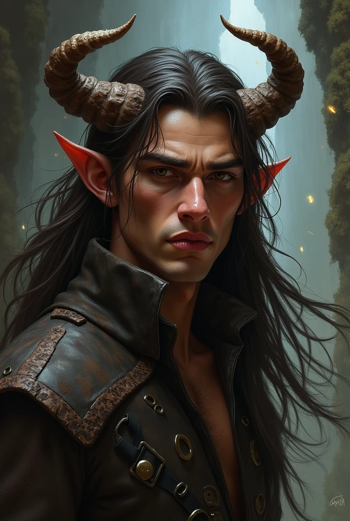 Um Homem tiefling com cabelos compridos, Realistic, Muitos detalhes, Tema Fantasia Medieval, corpo inteiro, rosto da princesa, corpo definido, Realismo, Cinematic lighting, de cima, super detalhe