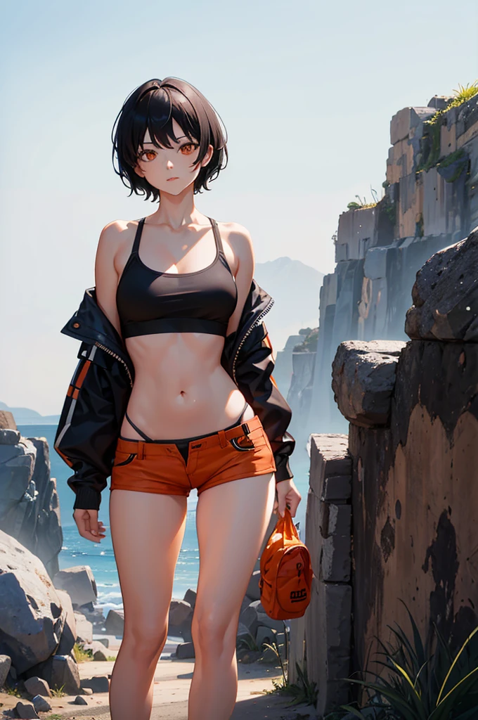 1woman, short black hair, orange eyes, bikini top, shorts, standing on ground, high res, ultra sharp, 8K, masterpiece