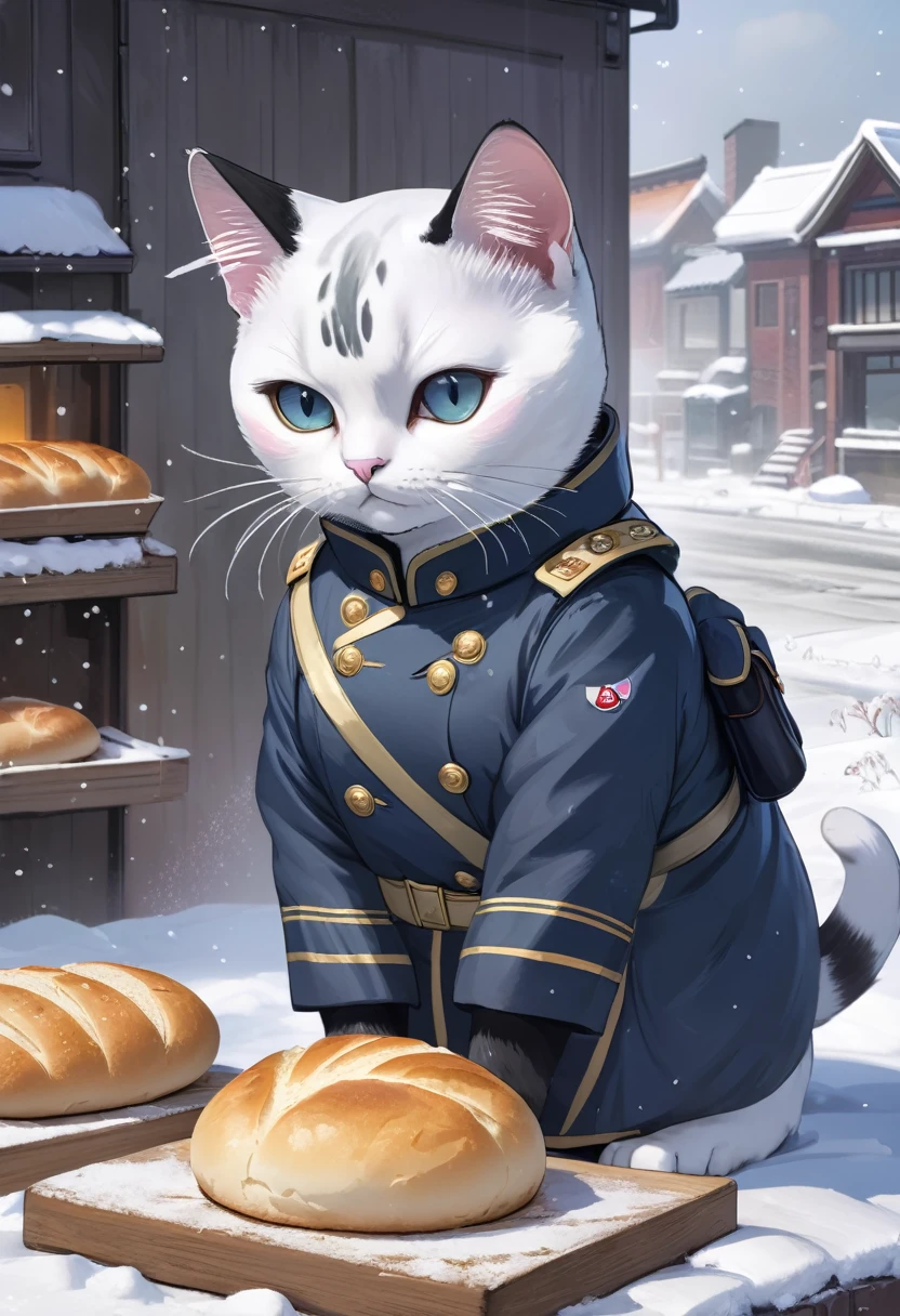 winter storm blizzard background, Korean Shorthair cat baking bread in war uniform